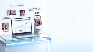 YouTube marketing dashboard and video analytics workspace with AI interface
